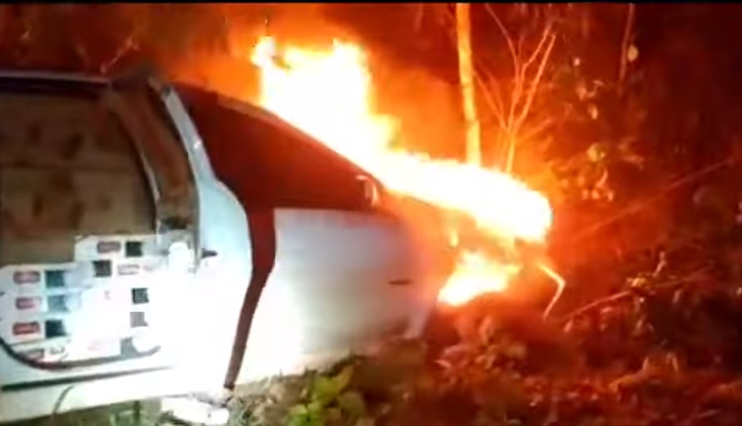 Carro com cigarros contrabandeados pega fogo após colidir em árvore